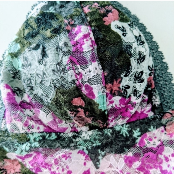 Summer stretch lace print bralette, adjustable straps, Gray with pink & magenta - Picture 2 of 8